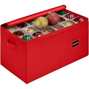 Christmas Ornament Storage Container with Dividers -Box Stores Up to 54-4" Ornaments, Zippered, Convenient, Adjustable, Heavy Duty 600D, Large Organizer Bin to Protect and Store Holiday Décor (Red)