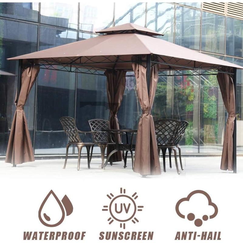 FDW 10'x13' Outdoor Patio Gazebo Heavy Duty Steel Frame Canopy with Double Roof, Privacy Curtains, for Garden, Backyard, and Lawn (Brown)