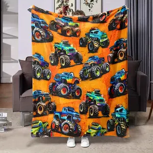 Monster Truck Flannel Blanket - Soft All-Season Throw with Vibrant Orange & Black Modern Design, Machine Washable for Bedroom, Sofa, Travel, Office - Perfect Gift