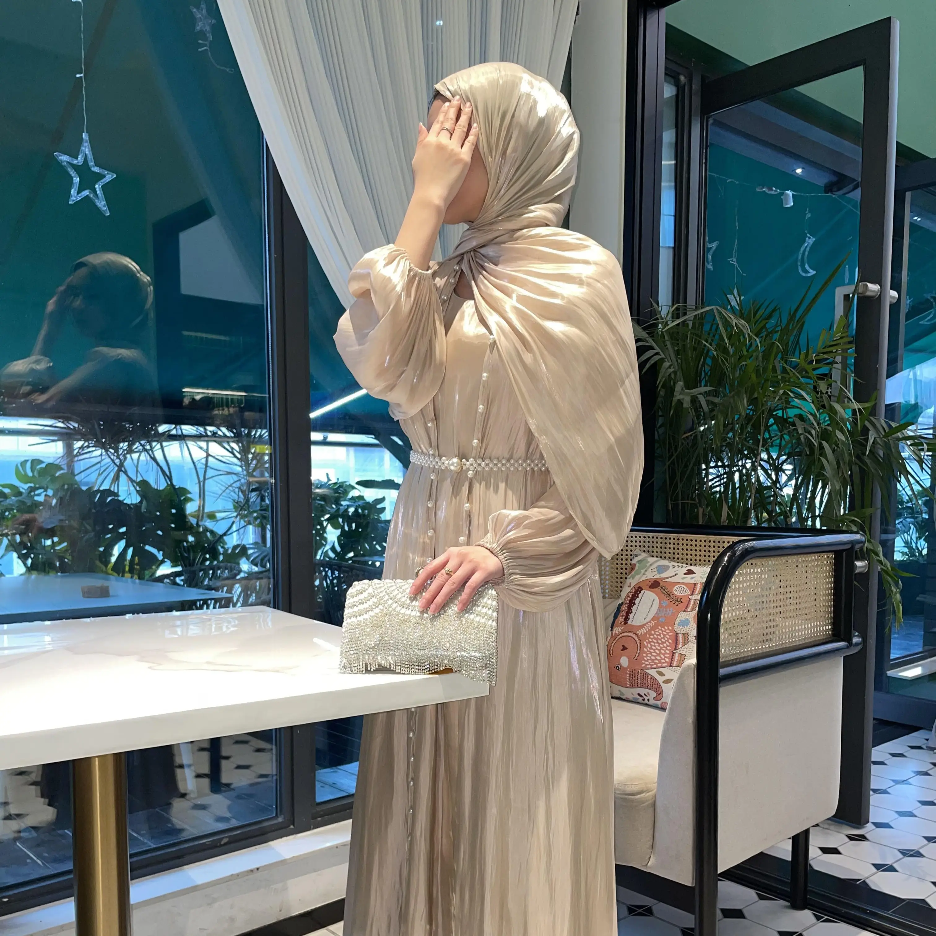 【FallFreshness】CL03 Pearl silk robe, Muslim dress, cardigan suit, streamer yarn, dignified and elegant exquisite robe, five-piece set,Fashionweek【Fash
