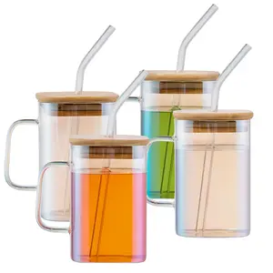 Clear Glass Cups with Lids and Straws - 20oz Square Beer Can Glass Set, Iced Coffee Tumbler, Mason Drinking Glasses with Handle Ideal for Soda, Water, Hot Chocolate, Latte, Matcha…