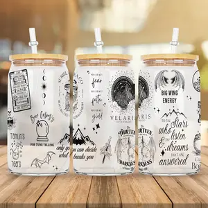 ACOTAR Doodles Clear or Frosted Libbey 16 oz. Glass Can Tumbler, To The Stars Glass Can, Book Lover Tumbler Wrap, Bookish Tumbler