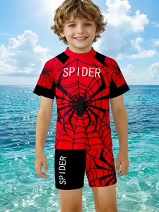 Boys' 3D Spider Print Swimwear Set, Sporty Short Sleeve Shorts Two-Piece, Fashion Outdoor Wear, Birthday & Holiday Gift