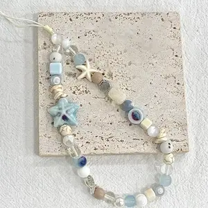 Shiny Ocean Blue Starfish And Seashell Phone Strap Phone Charm Shimmery Spring Summer Phone Accessories Beaded Charms Phone  Kindle Strap