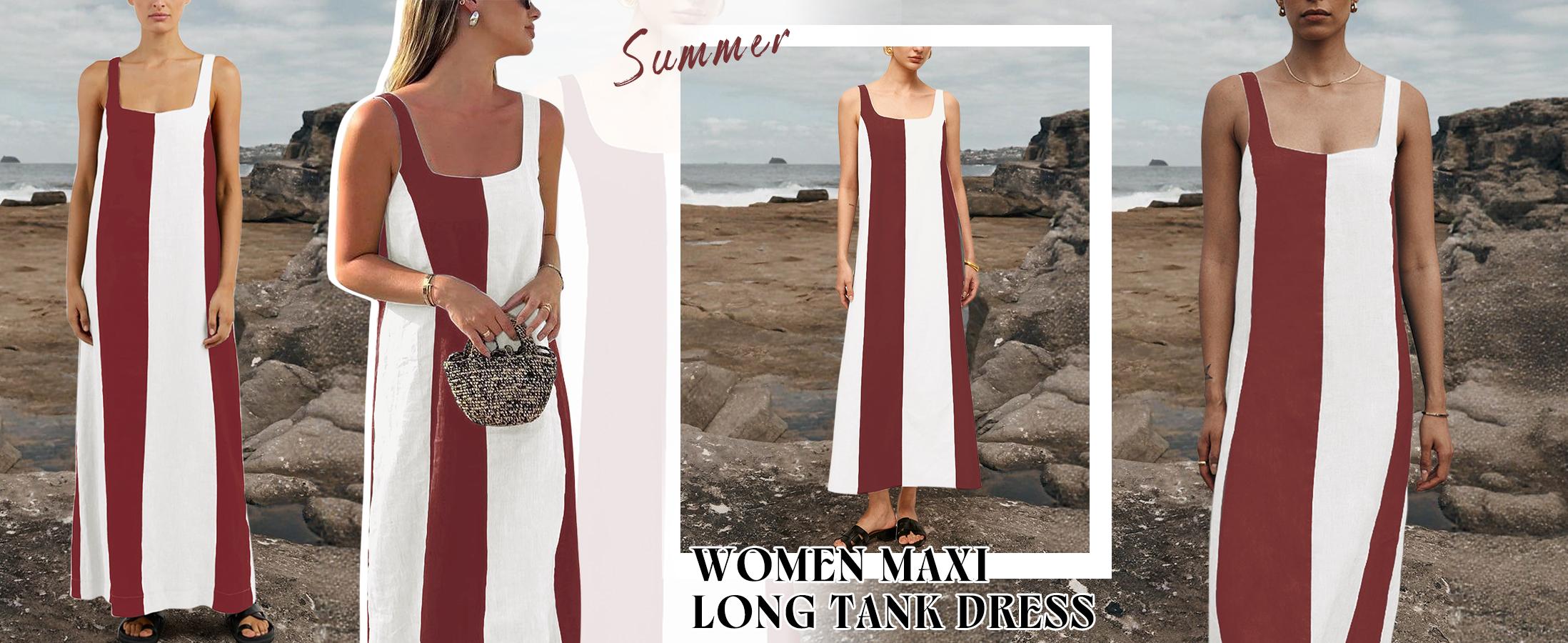 CHARTOU Women Summer Sleeveless Linen Dress Contrast Color Maxi Long Beach Vacation Tank Dress Cotton Linen Casual Dress