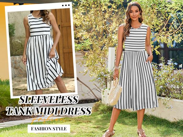 Women's Summer Tank Midi Dress with Pockets Sleeveless A-Line Dress Casual Floral T-Shirt Dress Flowy Beach Sundress