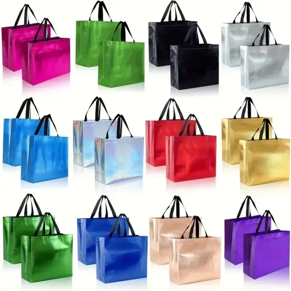 12pcs Large Reusable Glossy Gift Bags - 12 Vivid Colors, Waterproof Non-Woven Fabric, Foldable Space-Saving Design, Heavy-Duty Storage Tote Included for Birthday Father's Day Gifting (Office Stationery Wrapping Supplies)