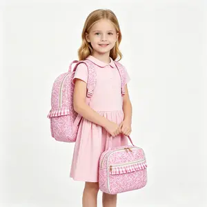 Kids Children Baby Girls Pink Bows Zip Backpacks Bags Back To School Matching Lunch Boxes