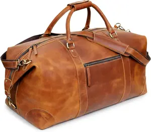 Full Grain Leather Duffle Bag for Men, Buffalo Overnight Weekend Travel Bag, Carry On with Organized Pockets, YKK Zippers, Adjustable Strap (Tan, 24 Inch)