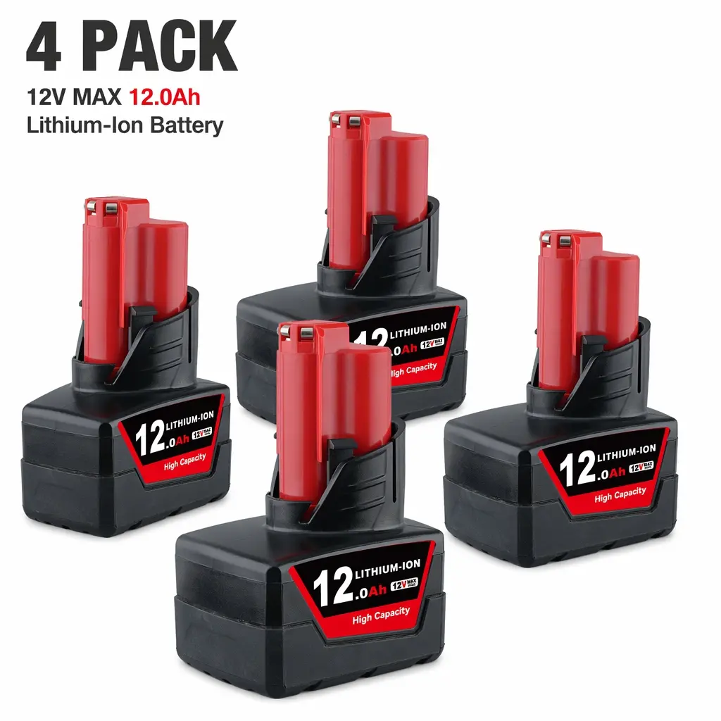 4-Pack 12V MAX 12.0Ah Lithium-Ion Rechargeable Replacement Battery, M12 Compatible for Milwaukee Cordless Tools, Power Tool Accessory, Rechargeable Battery