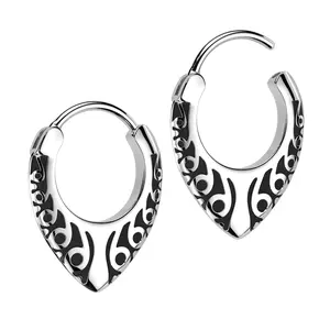 Tribal Teardrop Stainless Steel Hinged Hoop Earrings