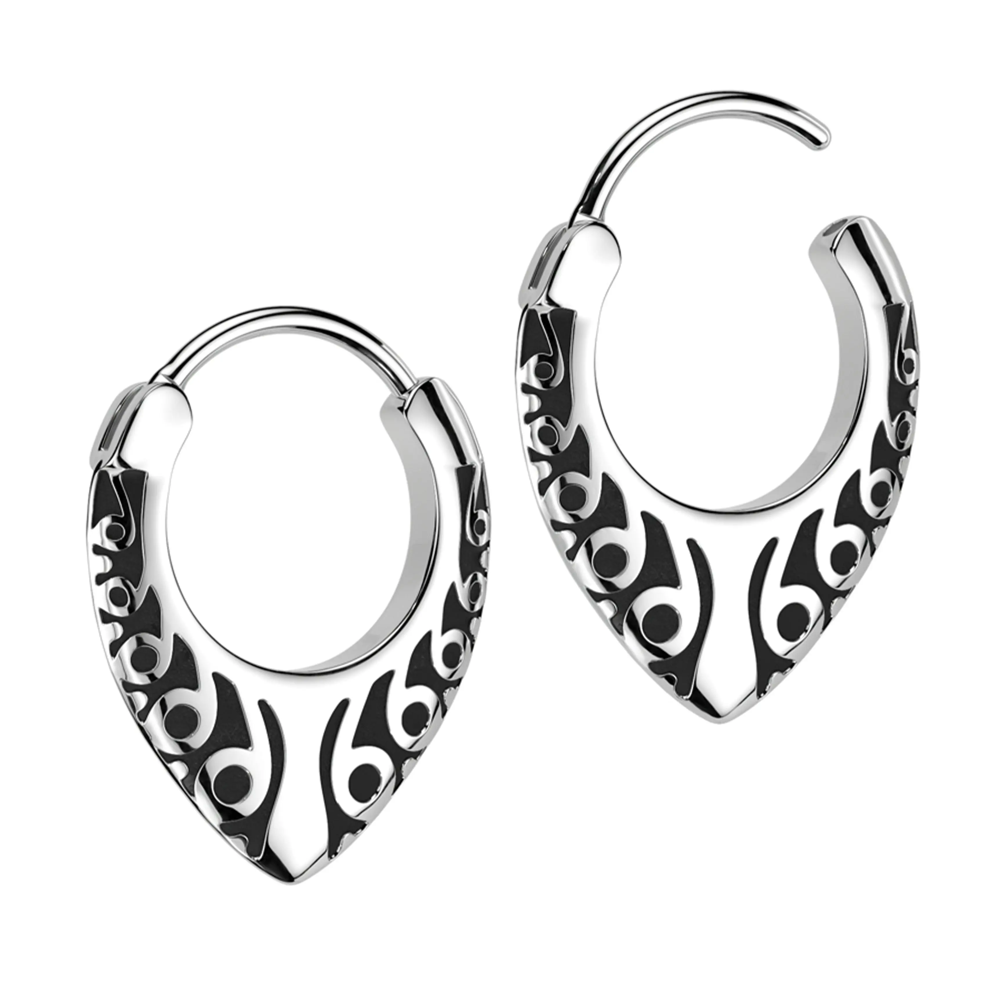 Tribal Teardrop Stainless Steel Hinged Hoop Earrings