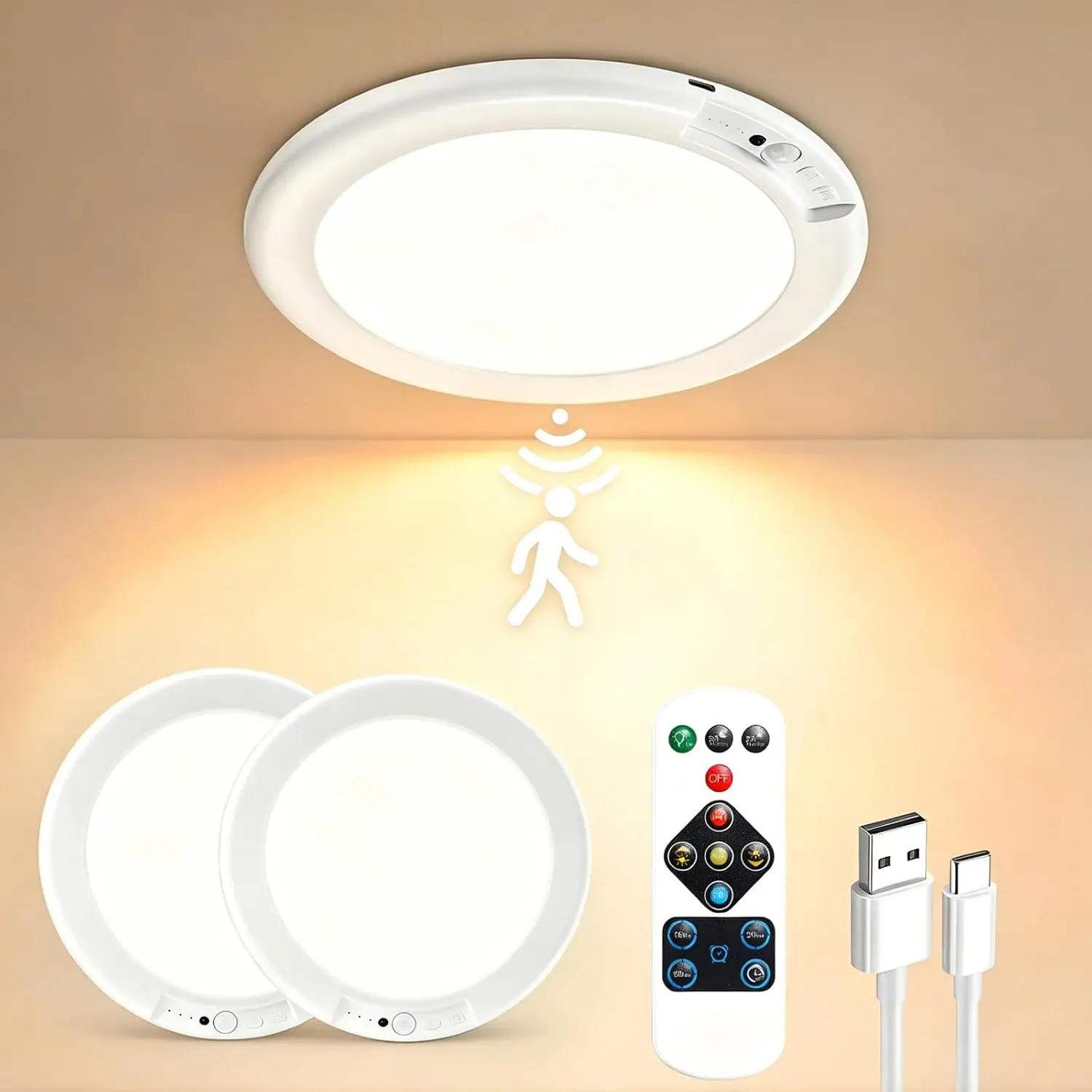 Rechargeable Ceiling Light 1/2 Pack, Magnetic Motion Sensor with Remote