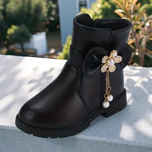 Girls' Winter Snow Boots with Bow & Rhinestone Buckle Pink & White Lace-Like PU Upper Warm Non-Slip Rubber Sole Zipper Closure Mid-Calf Boots for Girls & Kids MM6883386