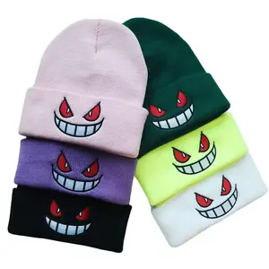 Devil Embroidery Anime Beanie Hip Hop Solid Color Knit Hats Lightweight Elastic Skull Cap Warm Cuffed Beanies For Women & Men