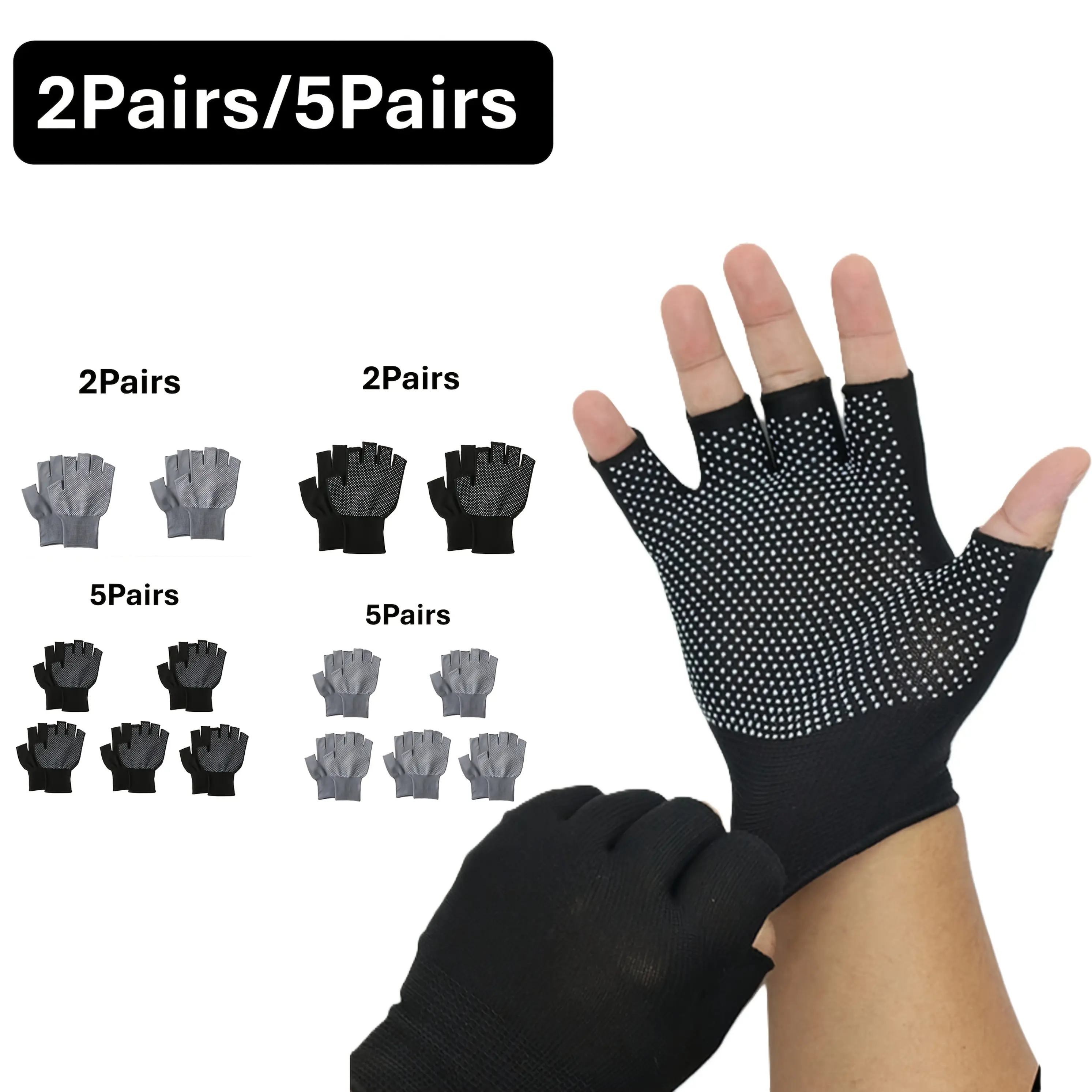2 or 5 Pairs of Compression Anti - Slip Half - Finger Gloves - Ideal for Daily Use, Comfortable in Both Indoor and Outdoor Activities. Unisex