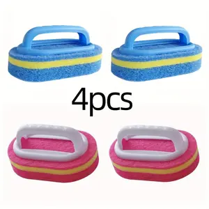 4pcs Set of Cleaning Brush Sponges with Handles, Blue + Pink, Thickened for Kitchen, Bathroom, Tile, Pot, and Sink Cleaning