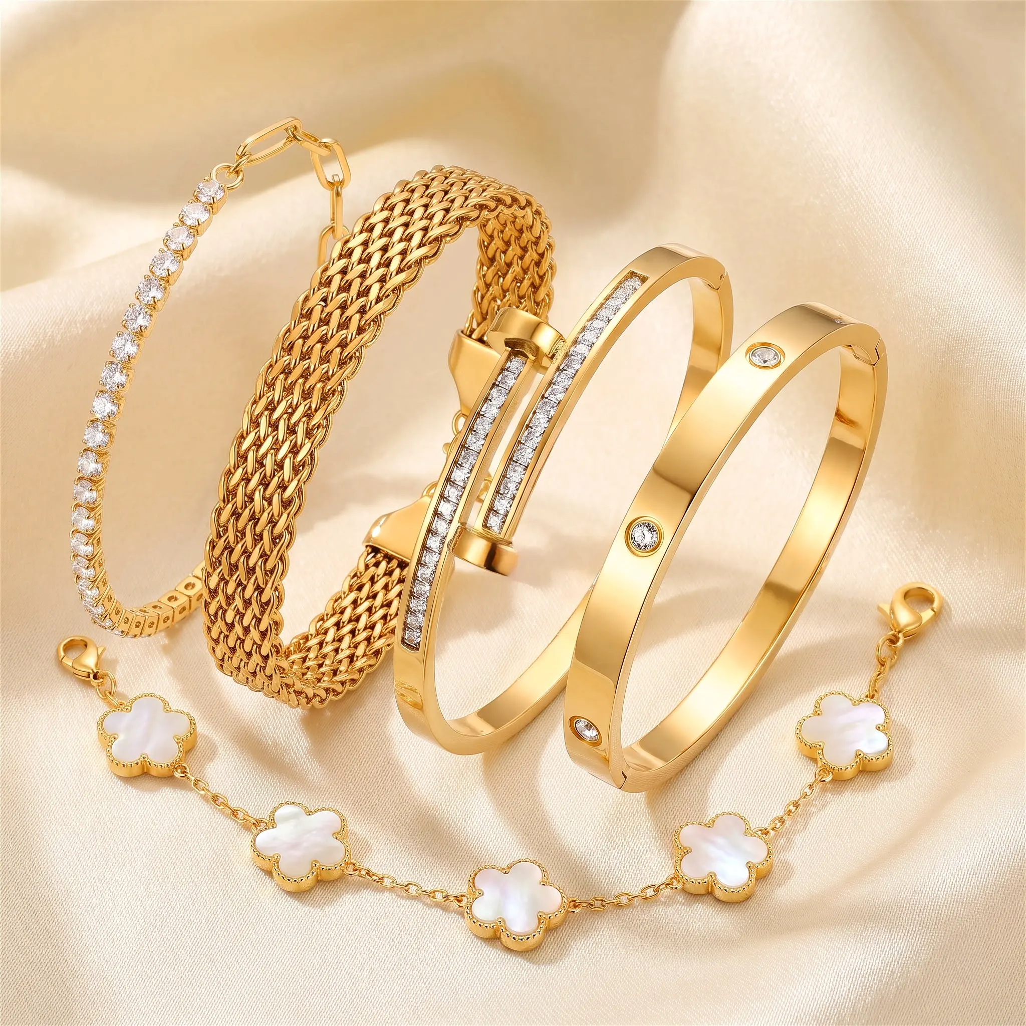 18K Gold Plated Waterproof Stainless Steel Bracelet Set for Women, 5Pcs Tarnish-Free Stacking Bangles with 5A CZ, Tennis Paperclip & Mother-of-Pearl Layering Jewelry，Perfect for Daily Wear & Special Occasions
