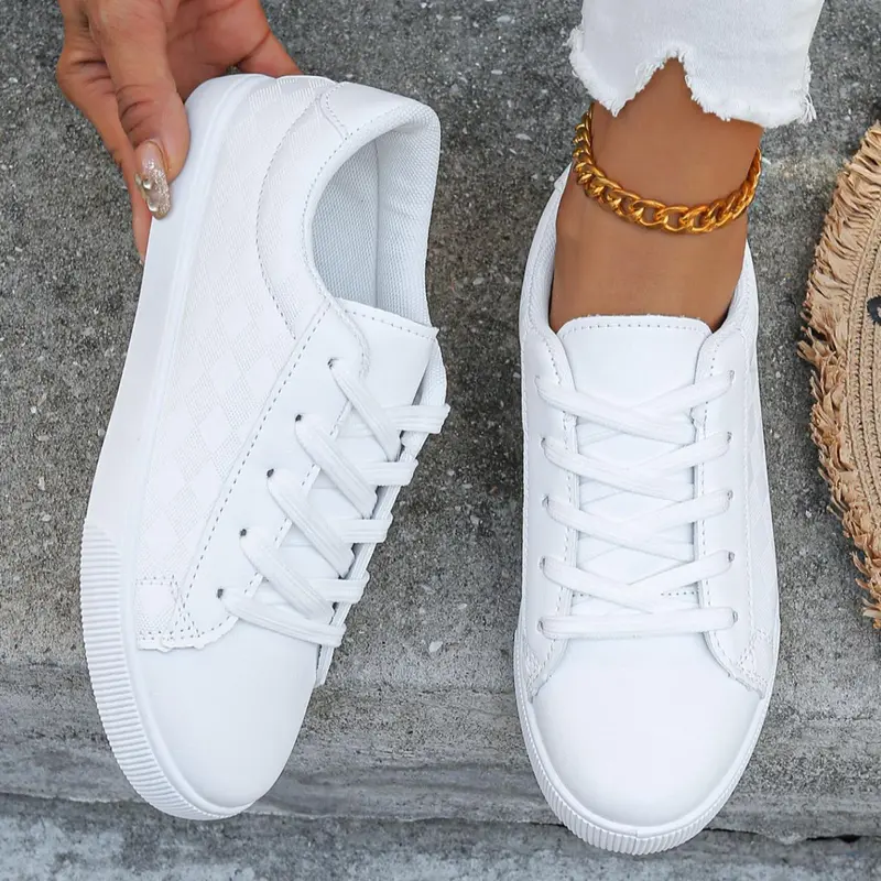 Stylish Women's Casual Sneakers, PU Leather With Lace for All Seasons, Rubber Sole, Korean Fashion White Shoes, Casual Footwear