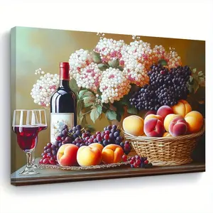 A Renaissance-style canvas painting featuring fruits and wine still life with a wooden frame, ready to hang, 29.97x 39.88cm - perfect for living room, bedroom, kitchen, dining room decor, ideal gift for her or him, kitchen art| Still Life Print| Wooden Fr