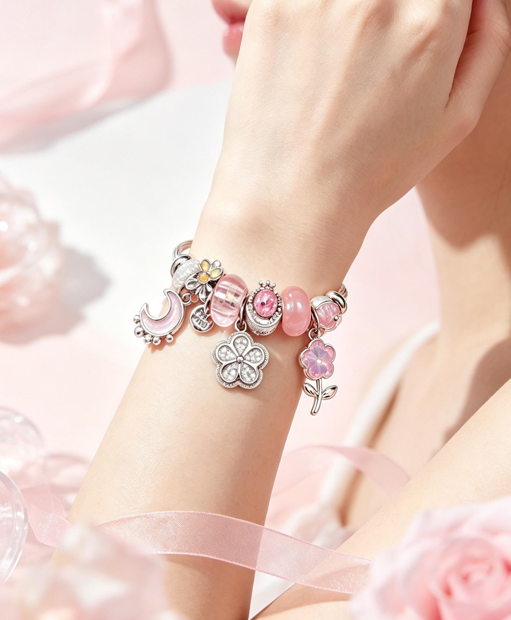 Pink Charm Bangle Bracelet for Women, Adjustable Silver Twisted Cable Wire Cuff with Moon, Clover, Flower Enamel Rhinestone Charms, Transparent Pink Murano Glass Beads Stackable Jewelry Gift for Teen Girls