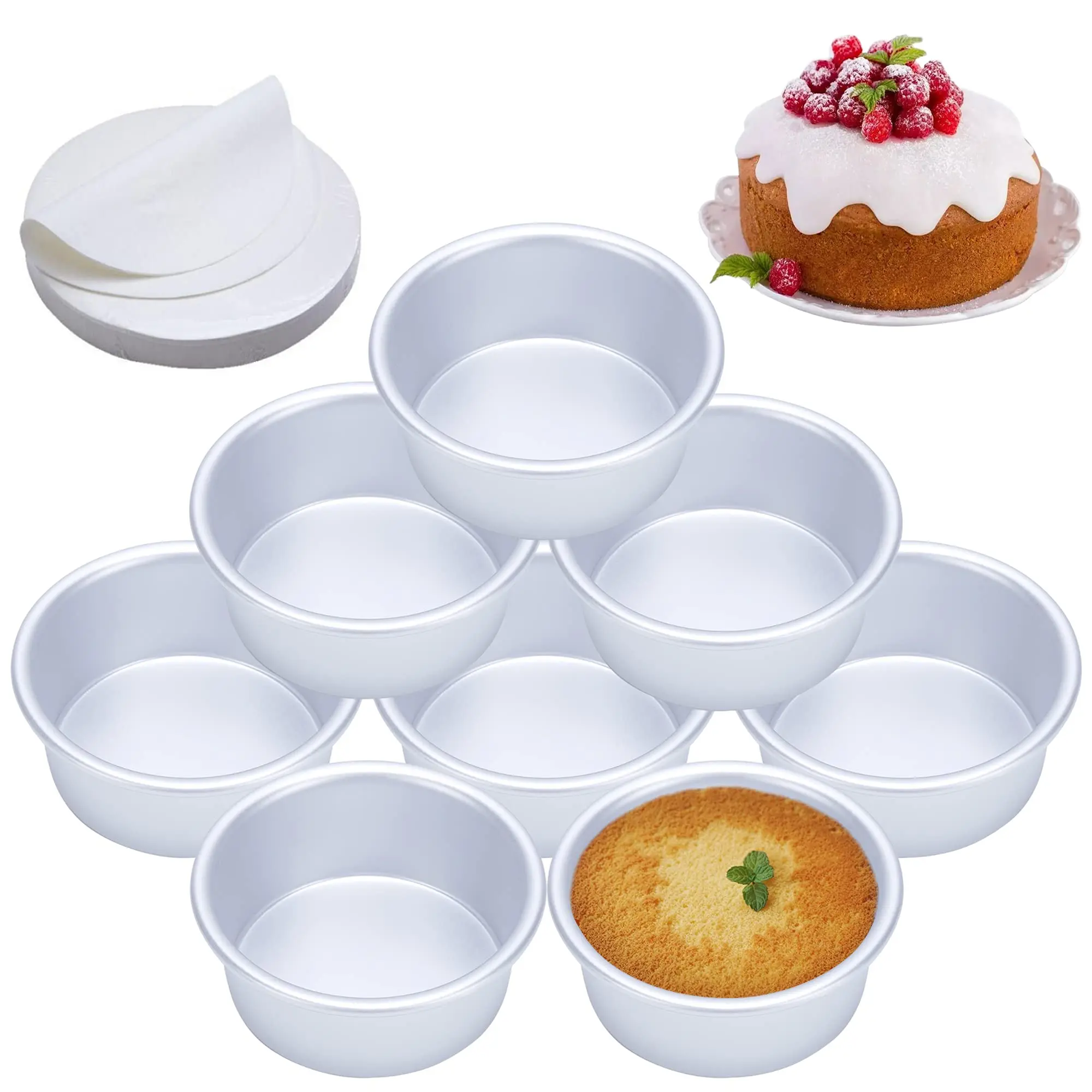 4 Inch Cake Pan Set of 8, Anodized Aluminum Round Cake Pans with 100 Pcs Parchment Paper Tins Baking Pan for Cheese Cake, Pizza, Quiche, Non Toxic, Leakproof, Easy Pop Out
