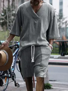 Two-Piece Set Menswear Men's Solid V Neck Knit Top & Shorts, Loose Casual Fashion Cozy Breathable Short Sleeve Knitwear Set for Summer, Men's Clothes for Beach Vacation