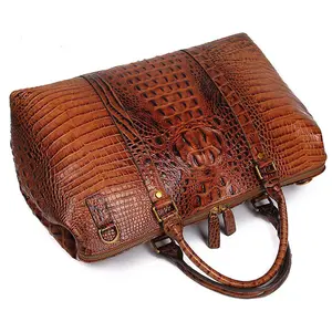 Brown Croc Print Real Leather Duffle Bag for Weekend Traveling