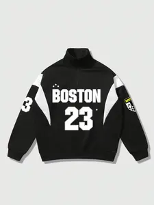 Vintage Boston 23 Racing Aesthetic Graphic Jacket | Retro Color-Block High Neck Sports Coat | Oversized Streetwear Varsity Bomber for Men & Women Daily Fashion and Street Photography