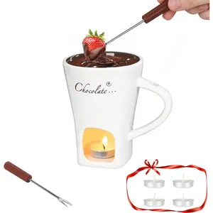 Mini White Ceramic Fondue Pot Cup Set with 2 Forks & 4 Tealights for Chocolate Melting Cheese Marshmallows, Perfect for Date Night Party Wedding Holiday Gift