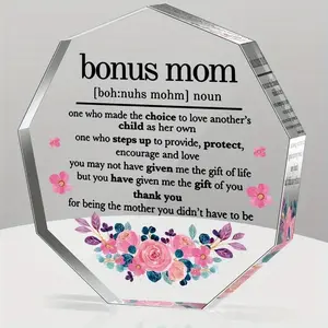 1 Piece ‘Mom’s Bonus’ Modern Farmhouse Acrylic Definition Sign – 8x6 Inch Laser Engraved Plaque with Stand Decor, Emotional Appreciation Gift for Mother's Day Christmas, Makes Mom Cry Happy – for Mom Stepmom from Family