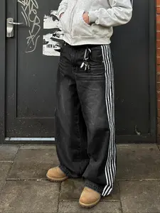 Men's Fashion Washed Denim Jeans, Loose Straight Leg Side Stripe Casual Pants, All-Season Woven Fabric, Classic Style