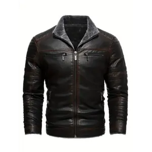 [Winter Motorcycle Jacket] Autumn/Winter Motorcycle Jacket - Men's Solid PU Leather Jacket With Lined Fuzz