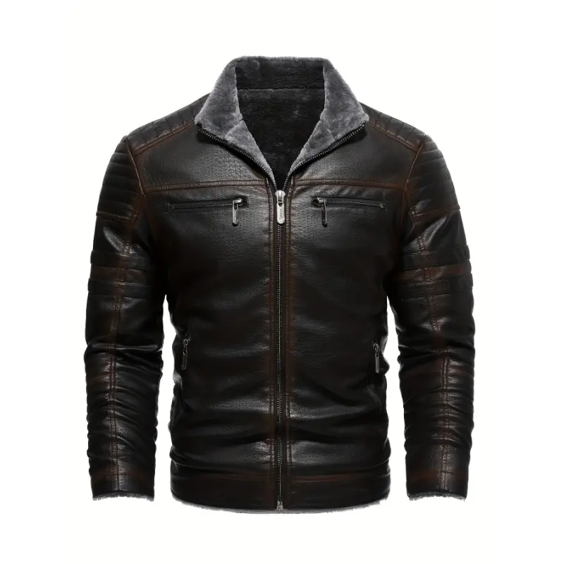 [Winter Motorcycle Jacket] Autumn/Winter Motorcycle Jacket - Men's Solid PU Leather Jacket With Lined Fuzz