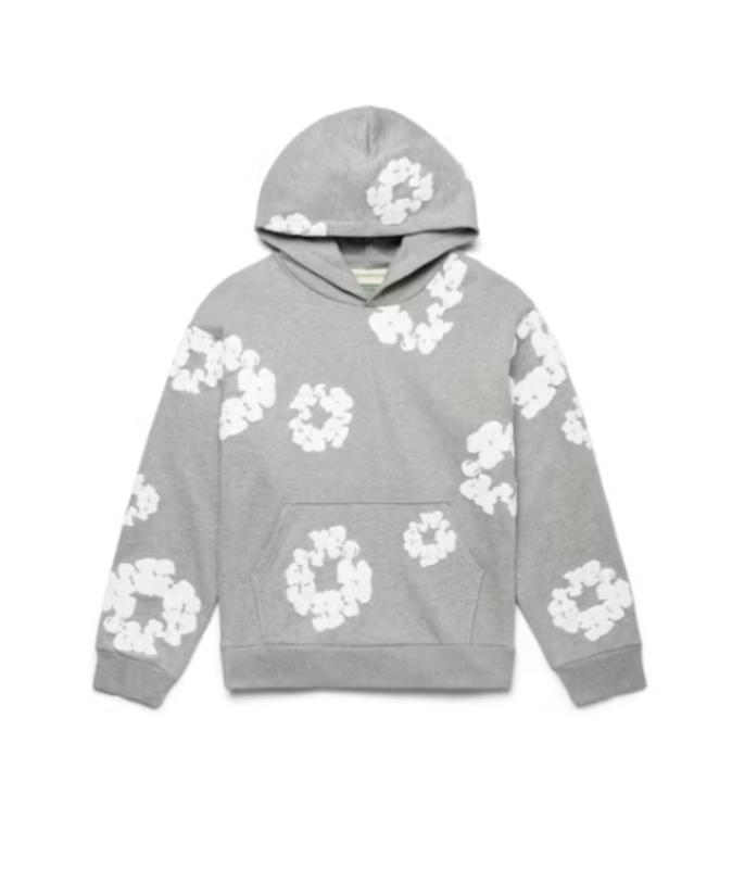 Streetwear Sweatshirt Unisex Hoodie Long Sleeve Sweater with Hood Medium Size Gray Floral Print Casual Wear