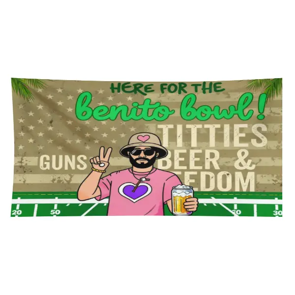 Gold-Green-White Text Tapestry Wall Hanging, Benito Bowl Titties Guns Beer Freedom Football Field Design, Cartoon Man With Beer & Peace Sign, Home Decor for Party, Outdoors, Gift