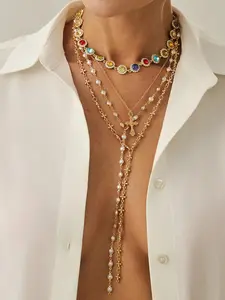 Boho Layered Gold Necklace Set for Women, Multi Layer Cross Pendant & Pearl Chain Necklace, Colorful Crystal Choker Jewelry, Vintage French Style Statement Necklace, Trendy Stackable Necklaces for Party, Vacation, Daily Wear, Elegant Gift for Women