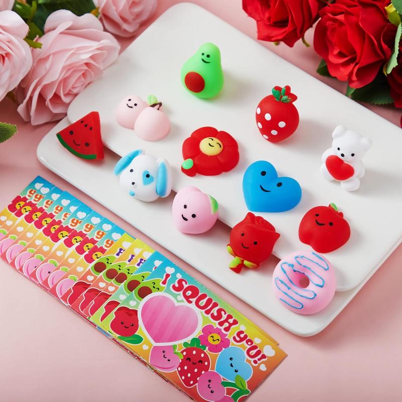 28 Valentine's Day Cards with Kawaii Mochi Squishy Toys – Perfect for Kids' Party Favors, Classroom Gift Exchange & Prizes