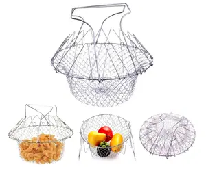 Deep Fry Basket 304 Stainless Steel Multi-function Foldable Chef Cooking Strainer Flexible Kitchen Tool for Fried Food Washing Fruits Vegetables