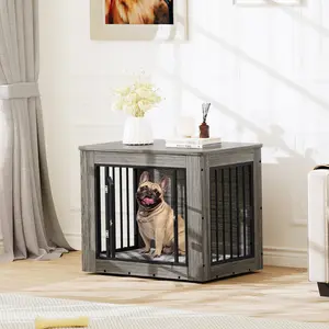 DWVO Dog Crate Furniture for Large Dogs, Side End Table, Modern Dogs Kennel Indoor up to 60 lb, 2-in-1 Iron-Wood Fusion Dog Cage with Waterproof Top, Safety Corners, Steel Lock