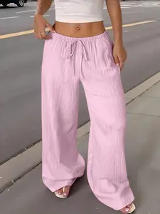 Women's Ice Silk Belted Beach Pants, Elegant Summer Vacation Style, Casual Bohemian Long Pants, All Seasons Loose-Fitting