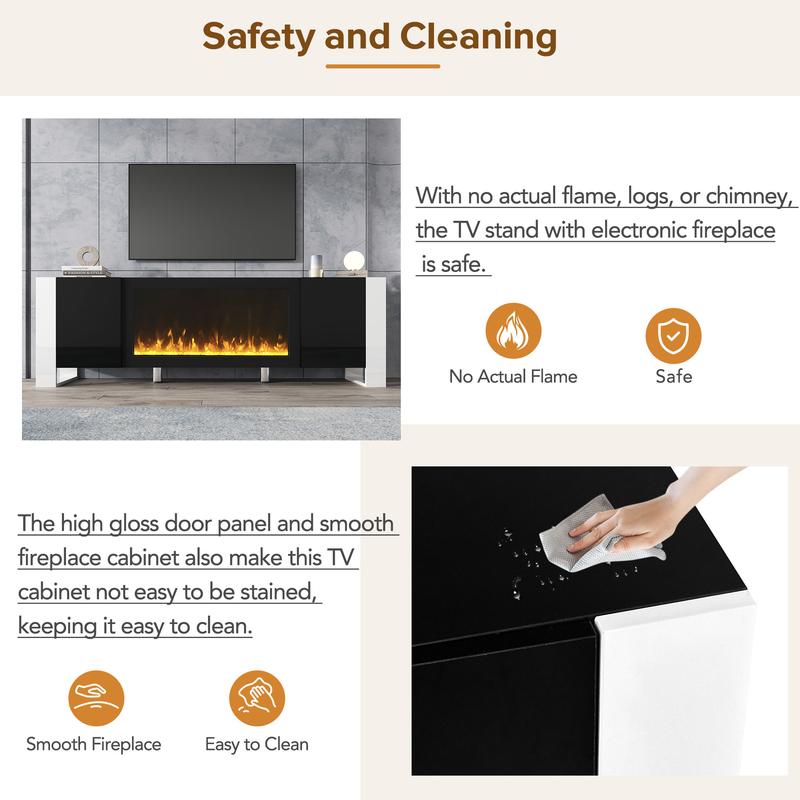 Modern TV Stand with 34.2" Non-Heating Electric Fireplace, High Gloss Entertainment Center with 2 Cabinets, Media Console for TVs up to 78" (Black)