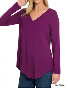Zenana - LUXE RAYON LONG SLEEVE V-NECK DOLPHIN HEM TOP