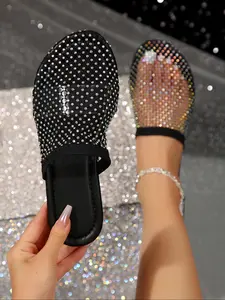 Women's Fashionable Rhinestone Decorated Mesh Breathable Sandals, Glitter Decorated Sandals, Sparkly Sandals, Casual Comfortable Flat Sandals for Summer, Non-slip Beach Slippers for Women & Girls, Shoe