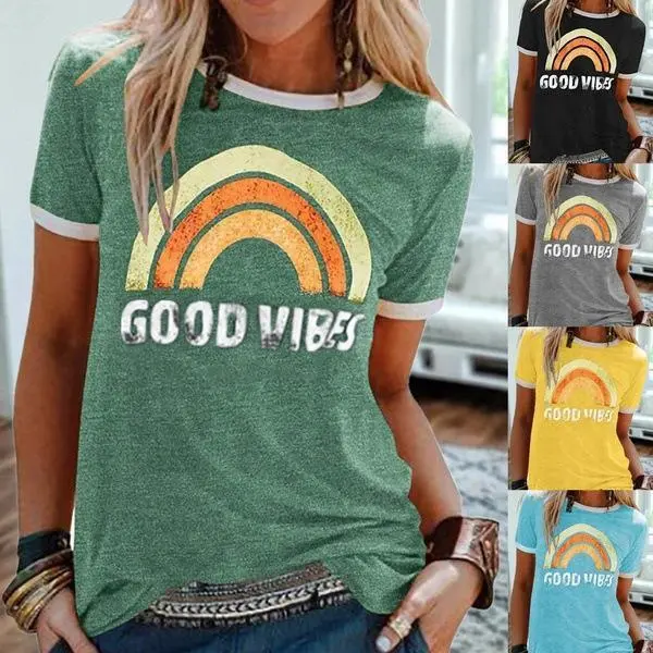 2025 Selling Women's Top Rainbow Pattern 3D Digital Print Crew Neck Casual Short Sleeve T-Shirt Womenswear 1000