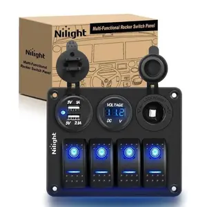 Nilight 4Gang ON/Off Blue Rocker Switch Panel w/ Dual USB Cigarette Lighter Socket Voltmeter