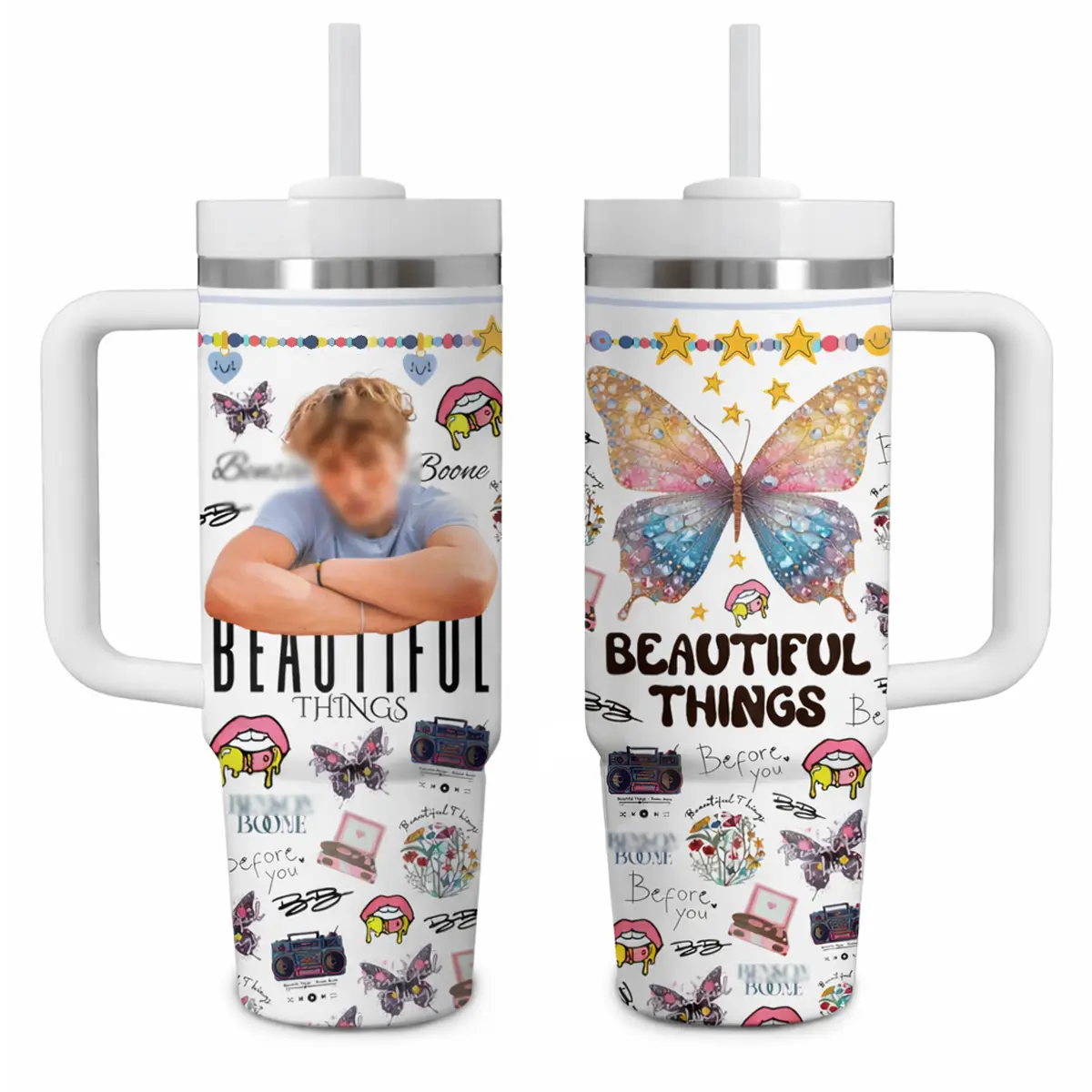 B.Boone Music Tumbler 40oz with Handle,  Beautiful Things Inspired Tumbler, Emotional Lyrics Fan Gift, Modern Pop Artist Travel Mug, Stainless Steel Tumbler