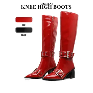 CYNLLIO Knee High Boots for Women Chunky Heel Pull on Buckle Design Shiny Patent Leather Tall Boots Comfy Side Zipper Costume Knight Booties