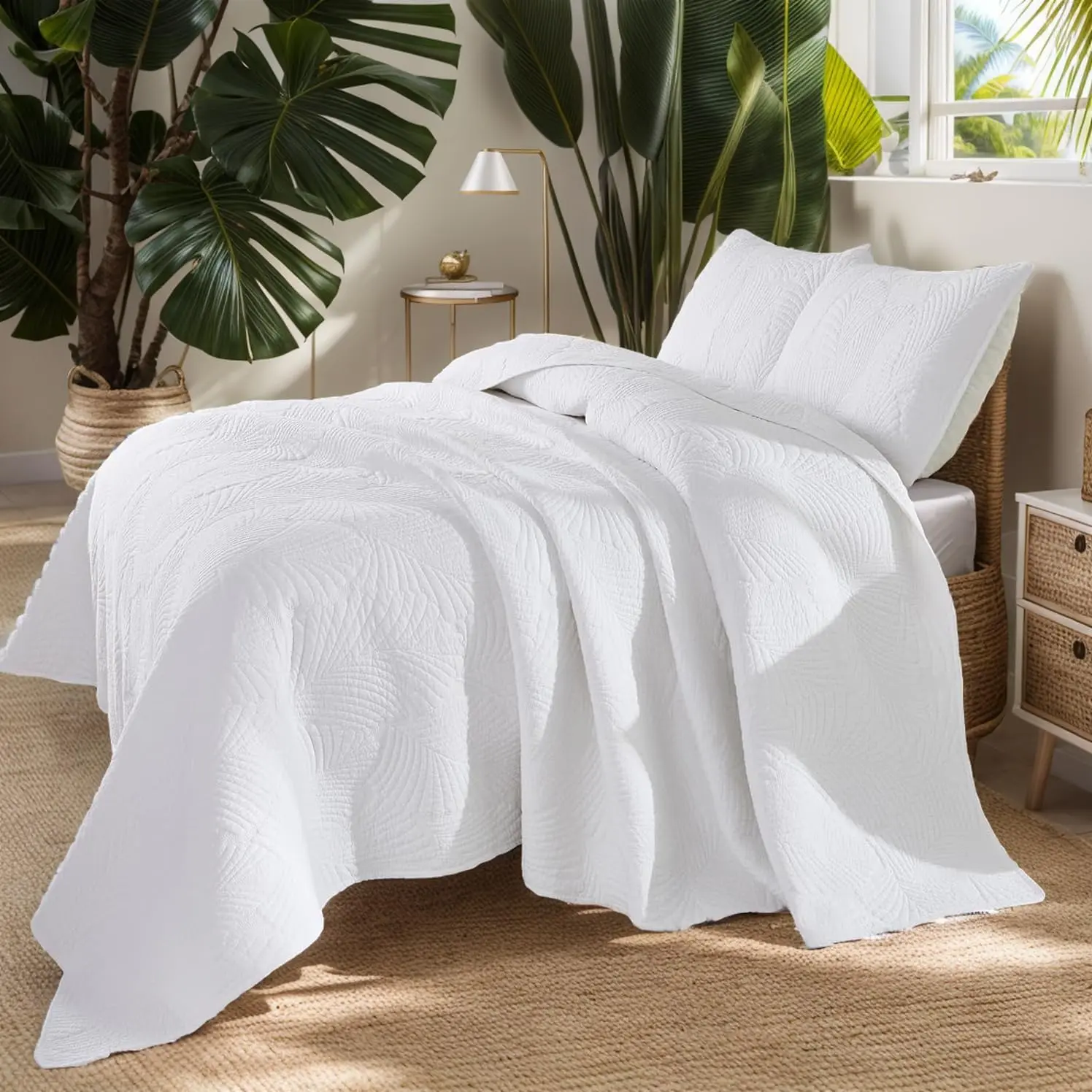 White Quilt Bedding Set  Size Cotton Luxury Palm Matelasse Quilt Set Quilted Bedspread Coverlet Set 3-