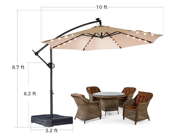[10ft] Solar Lights Offset Cantilever Patio Umbrella - w/Light and Base, LED Lighted Offset Hanging Patio Outdoor Market Umbrella UPF50+ UV Protection with Easy Tilt and Crank